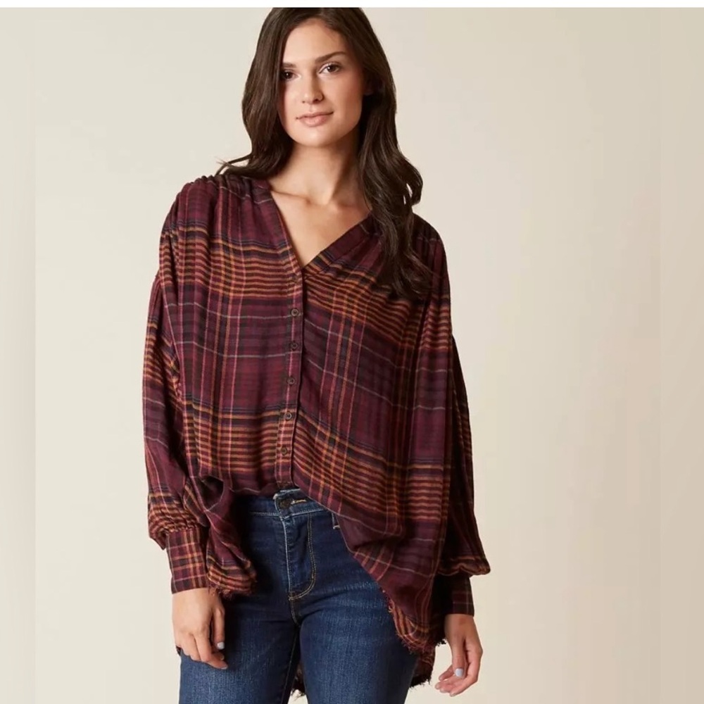 Free People Come On Over Plaid Tunic Swing Plaid Button Down XS Boho Fall